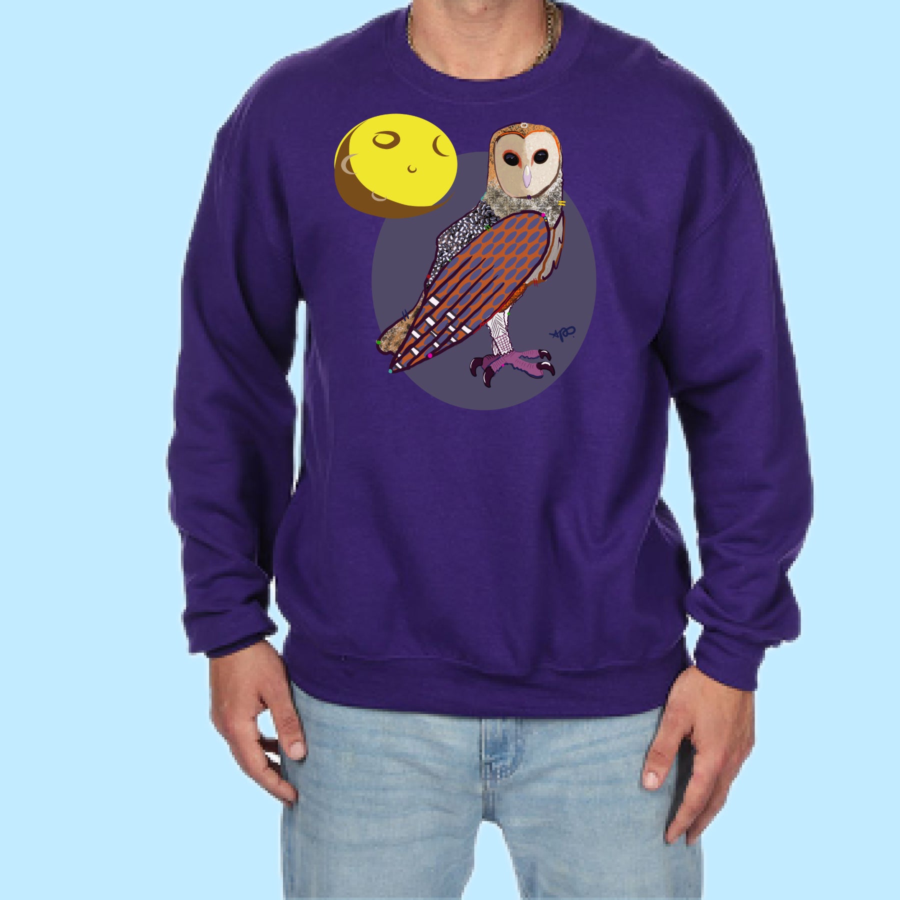 "Owl." Hand Pressed Graphic Art Sweatshirt