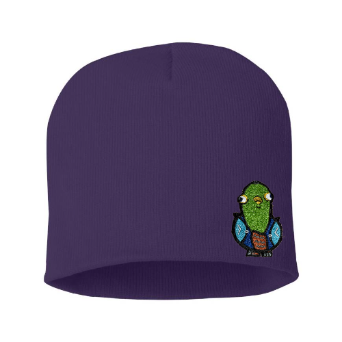 "Pigeon." Knit Cap with Embroidered Patch