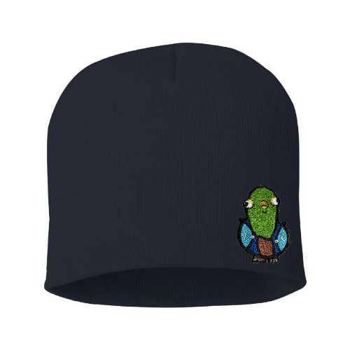 "Pigeon." Knit Cap with Embroidered Patch