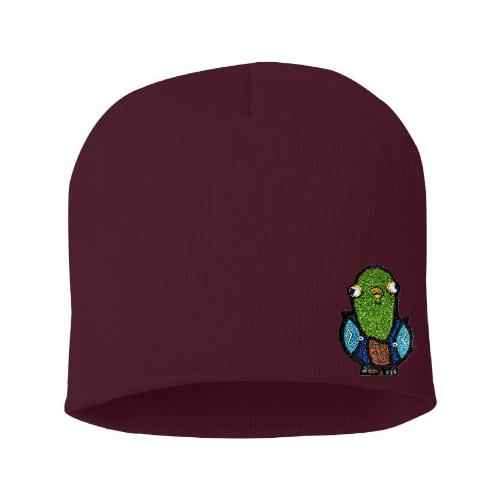 "Pigeon." Knit Cap with Embroidered Patch
