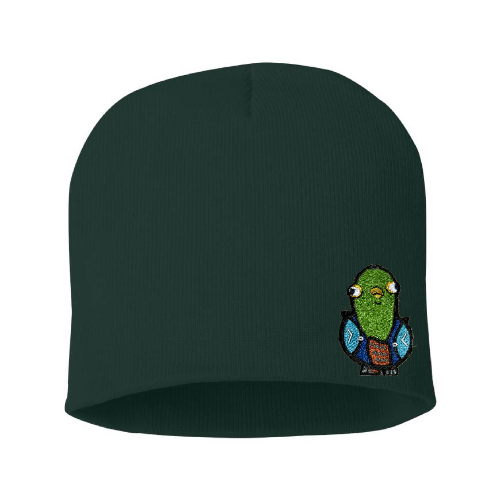 "Pigeon." Knit Cap with Embroidered Patch