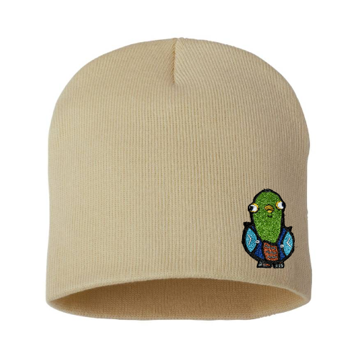 "Pigeon." Knit Cap with Embroidered Patch